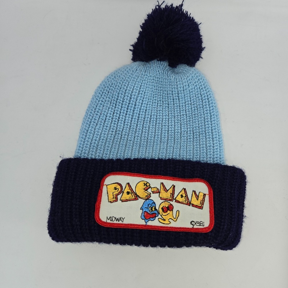 Pac-Man Vintage Beanie Unisex Children 1980s Navy Blue Knit Pacman Patch Large